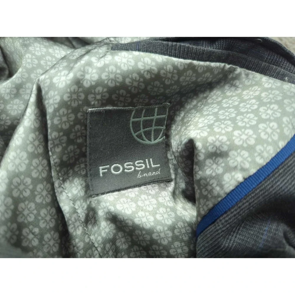 Fossil Blazer Mens Small Gray Plaid Three‎ Button Front Lined Formal Casual